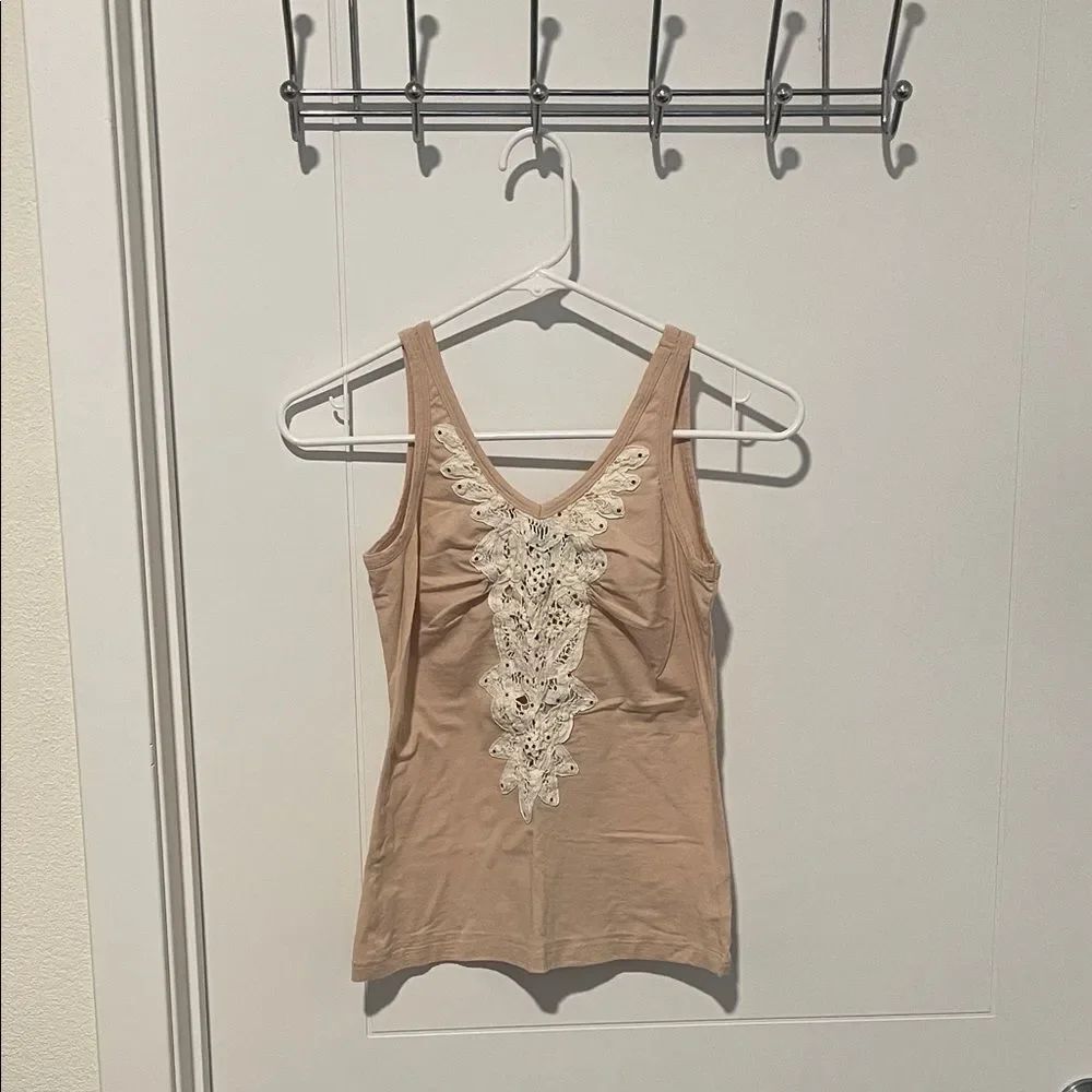 Bebe Vintage Y2K Beige Beaded Sleeveless Lace Appliqué Tank Top Cottagecore Boho